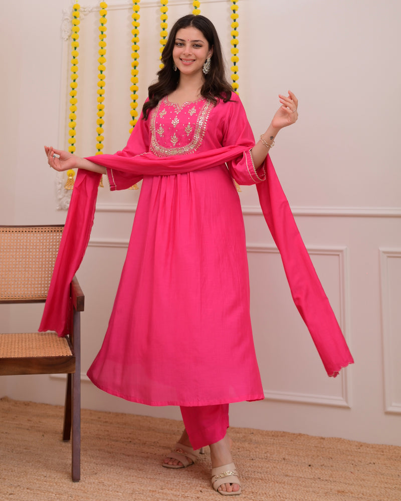 Pink Gottapatti Handwork Mul Chanderi A Line Suit