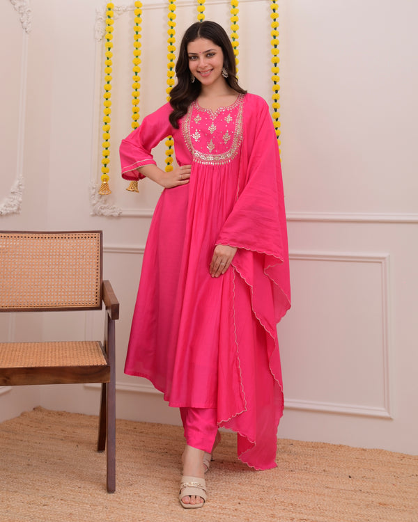 Pink Gottapatti Handwork Mul Chanderi A Line Suit
