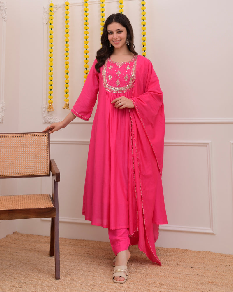 Pink Gottapatti Handwork Mul Chanderi A Line Suit