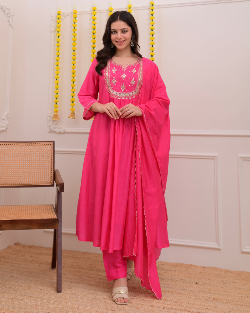 Pink Gottapatti Handwork Mul Chanderi A Line Suit