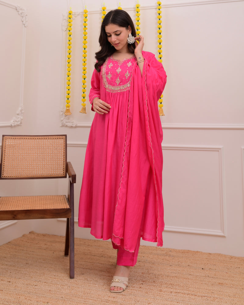 Pink Gottapatti Handwork Mul Chanderi A Line Suit