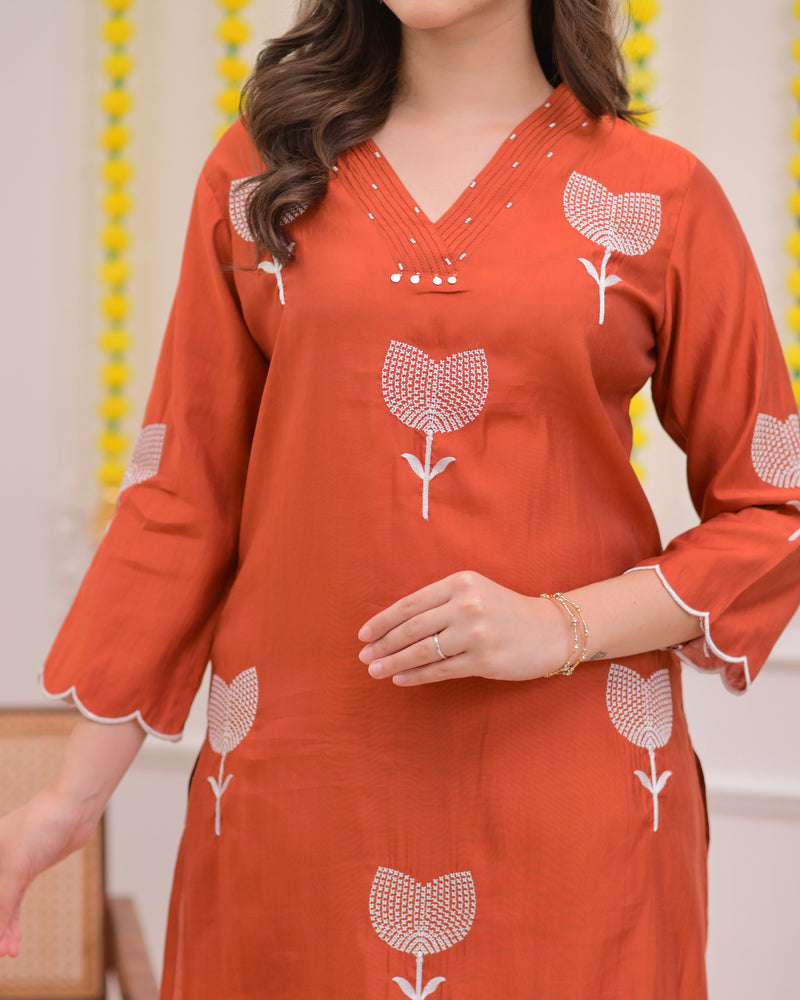 Orange Bloom Threaded Muslin Suit