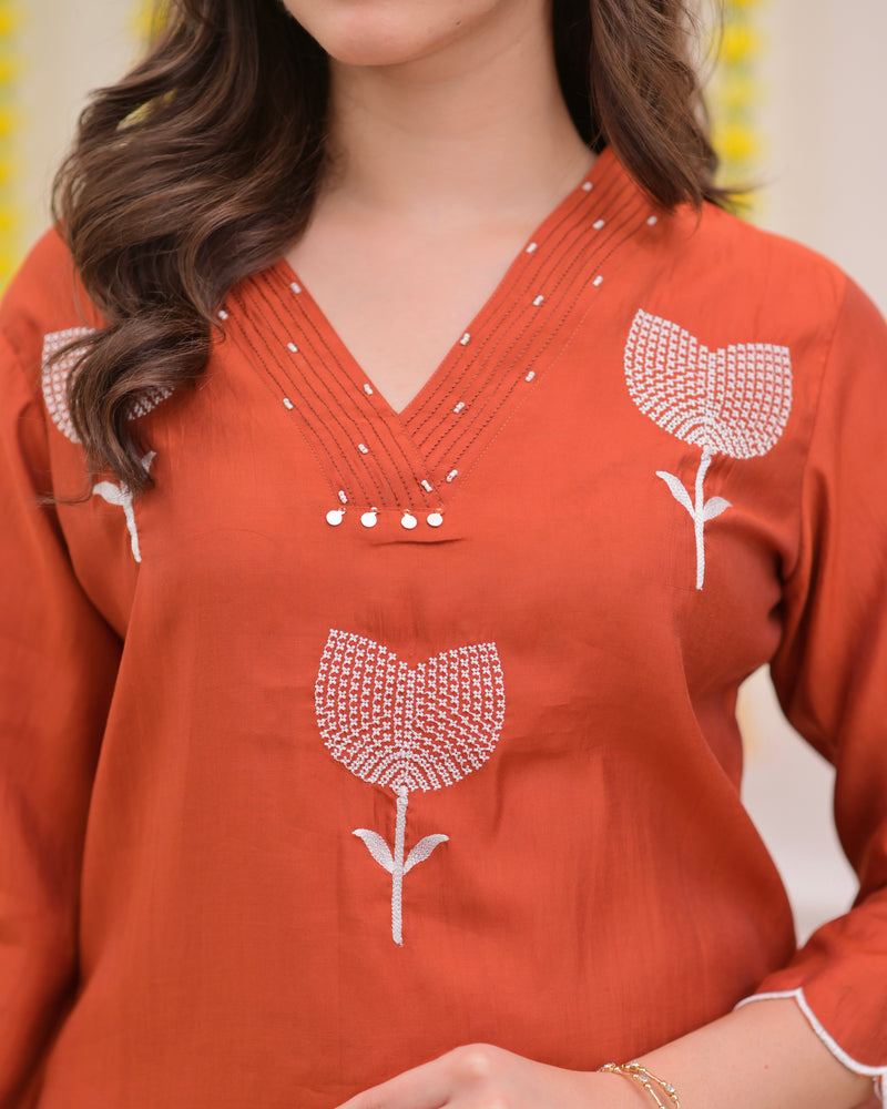 Orange Bloom Threaded Muslin Suit