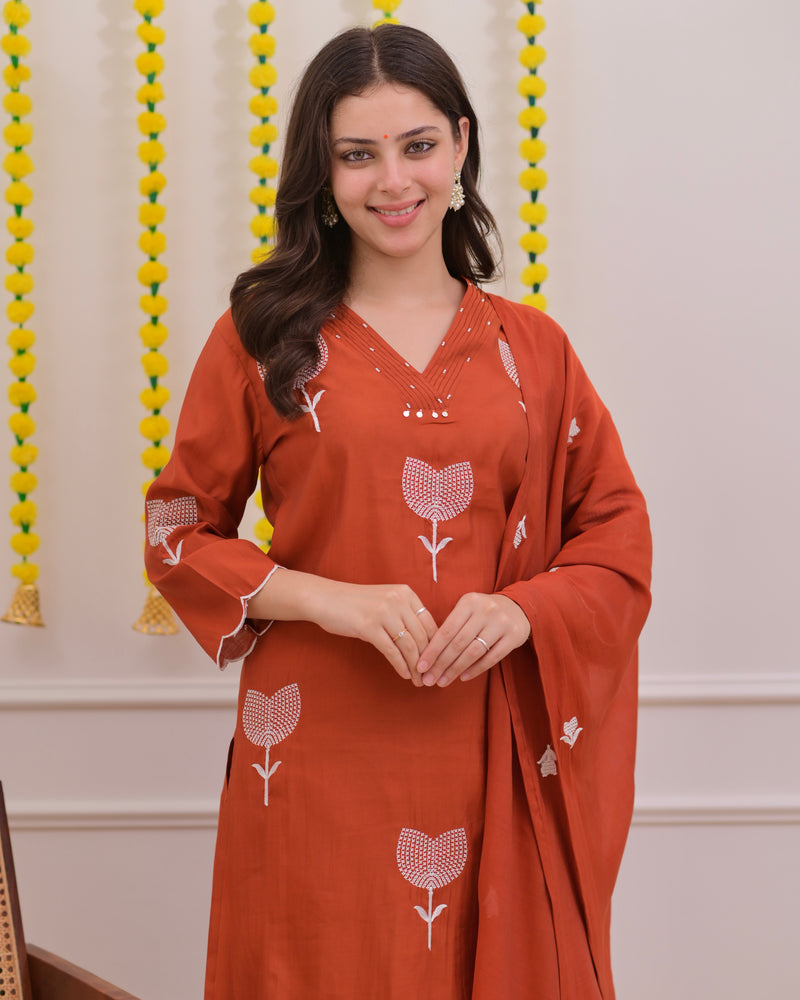 Orange Bloom Threaded Muslin Suit