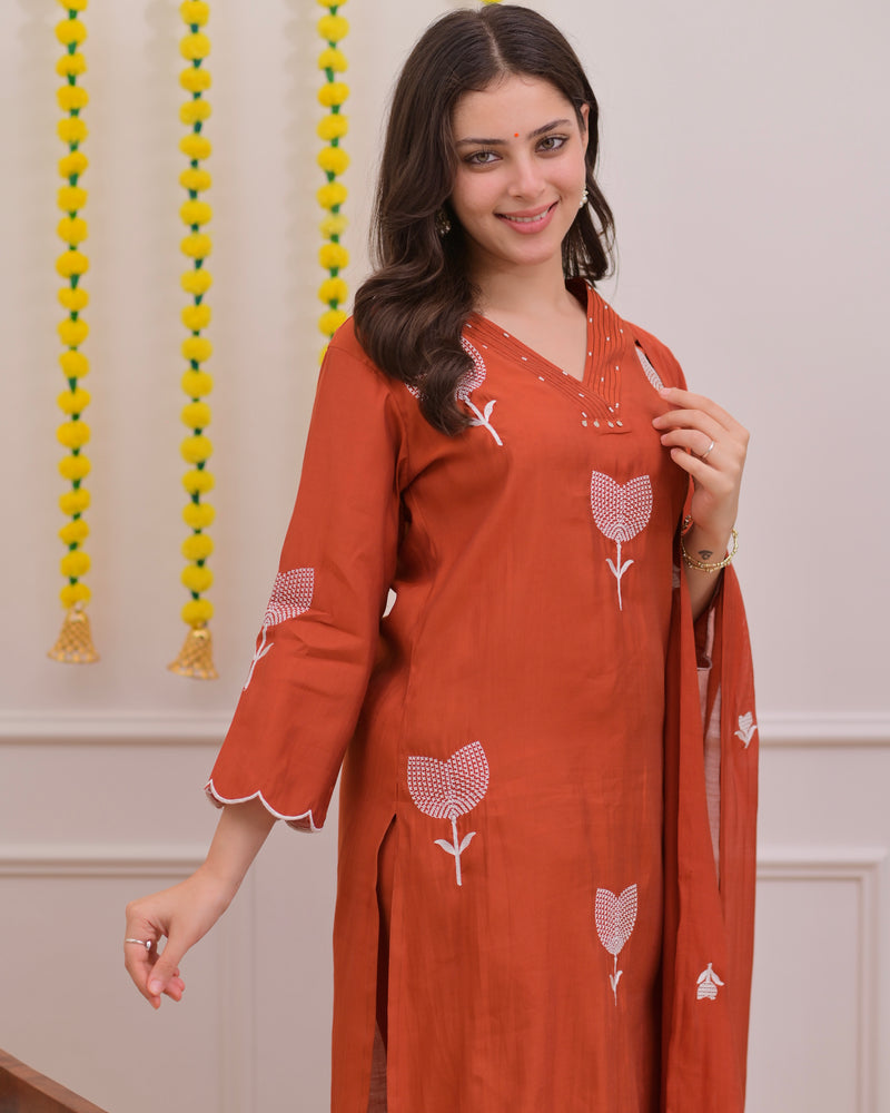 Orange Bloom Threaded Muslin Suit