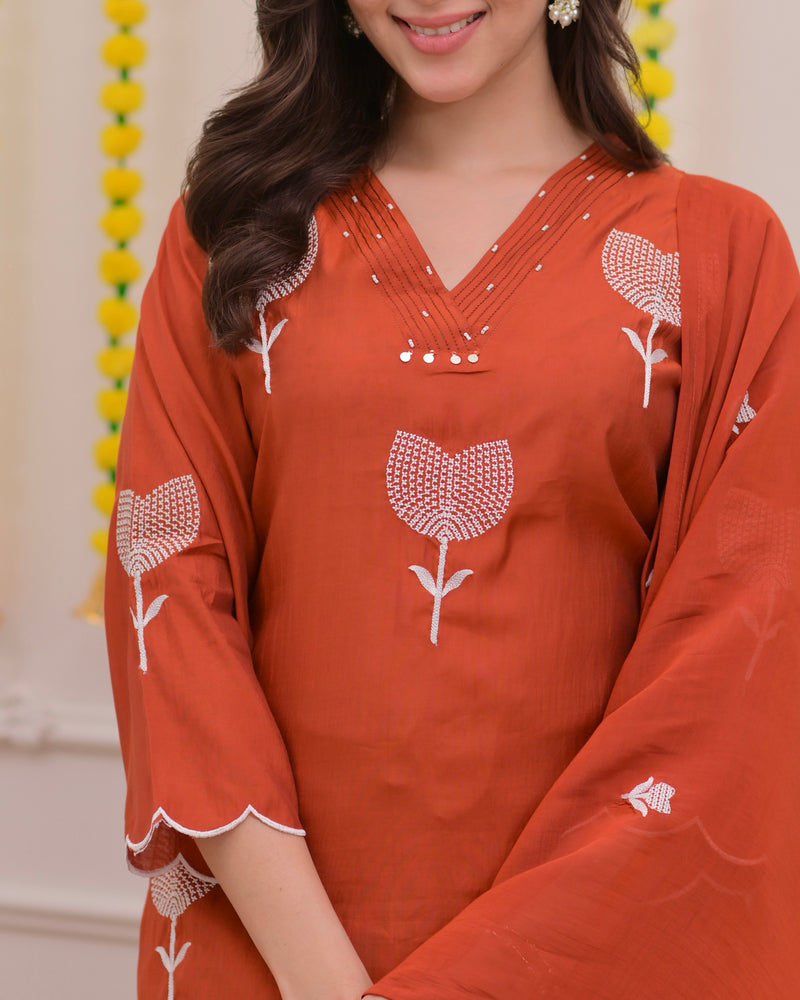 Orange Bloom Threaded Muslin Suit