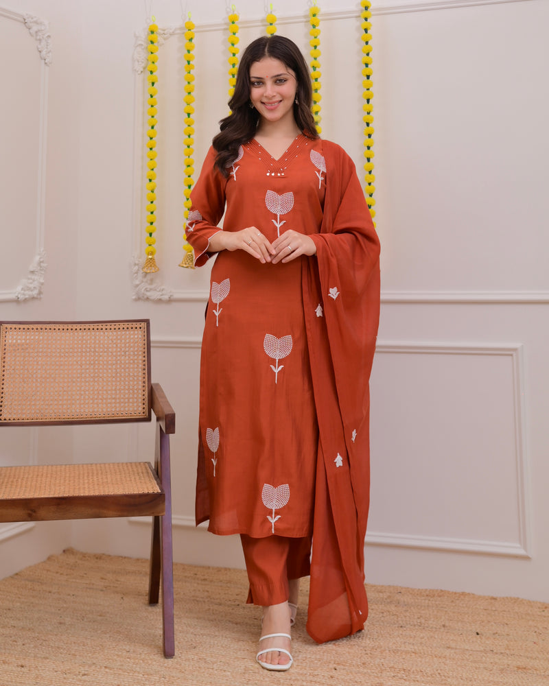 Orange Bloom Threaded Muslin Suit