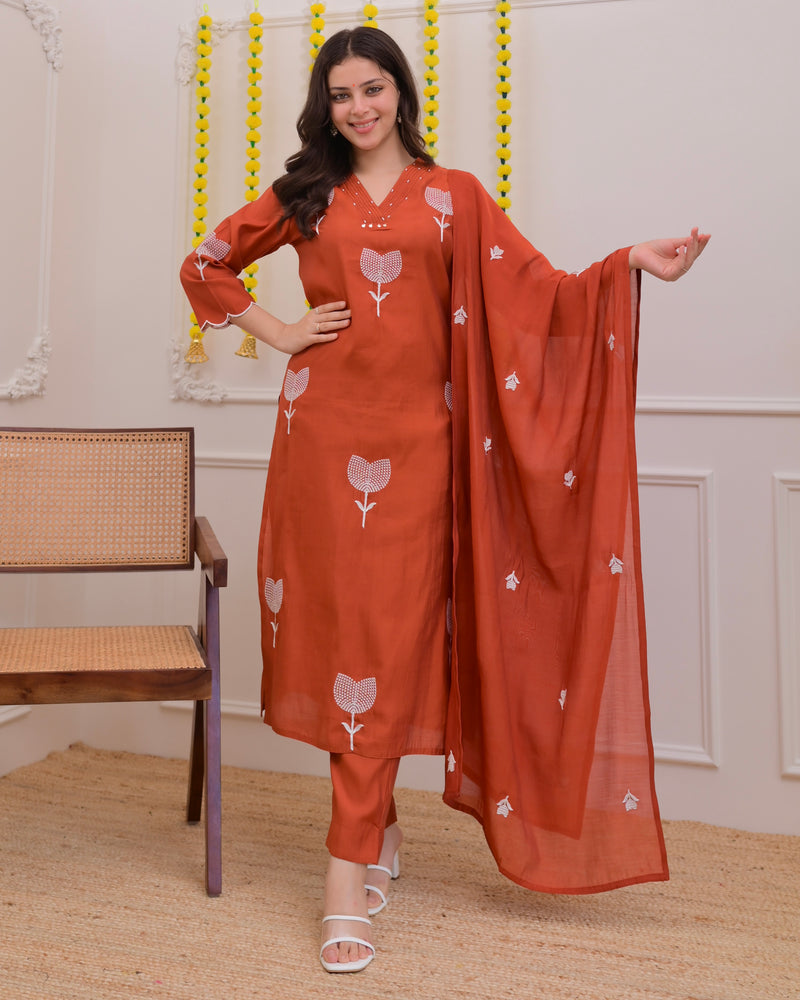 Orange Bloom Threaded Muslin Suit