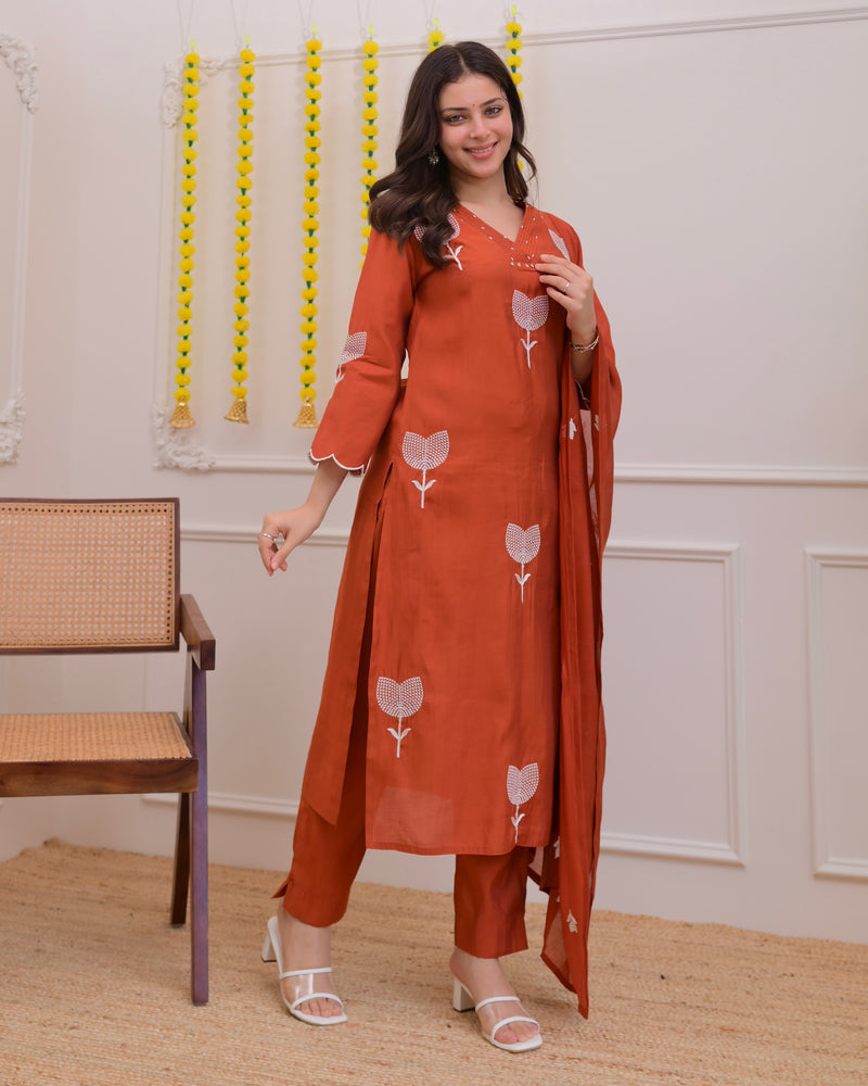 Orange Bloom Threaded Muslin Suit
