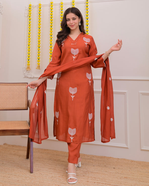 Orange Bloom Threaded Muslin Suit