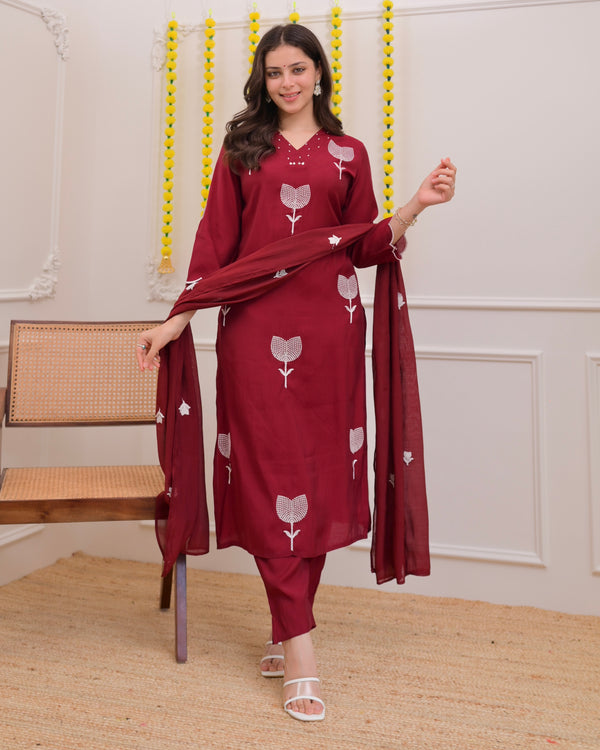 Maroon Bloom Threaded Muslin Suit