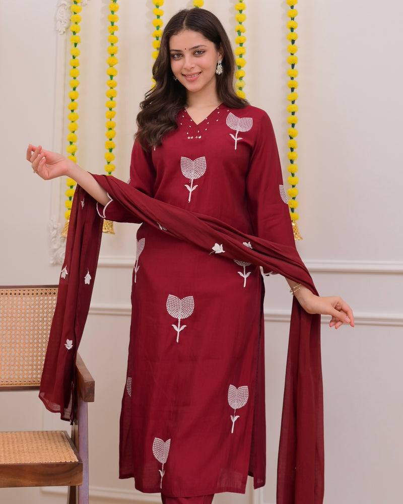 Maroon Bloom Threaded Muslin Suit