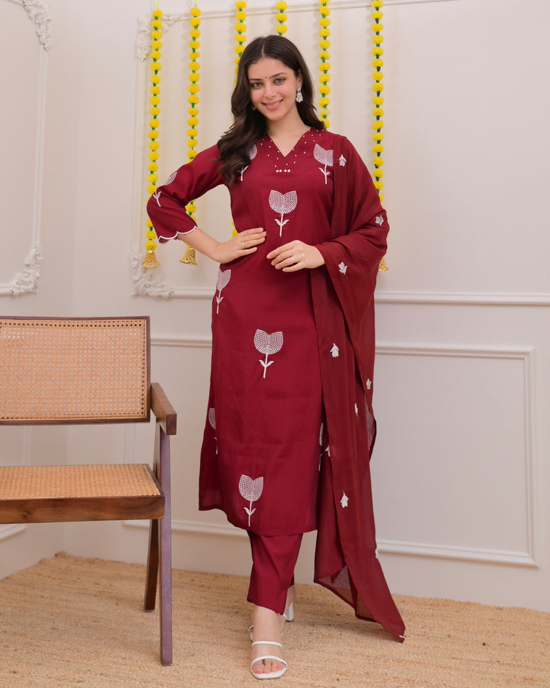 Maroon Bloom Threaded Muslin Suit