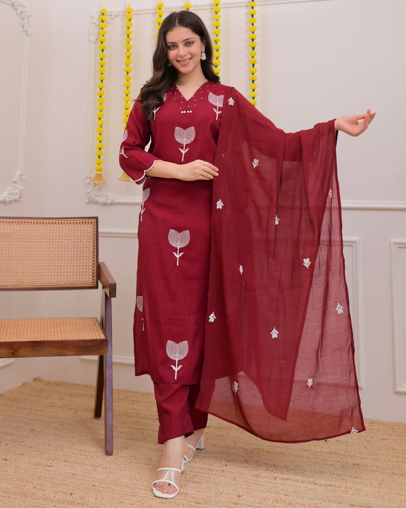 Maroon Bloom Threaded Muslin Suit