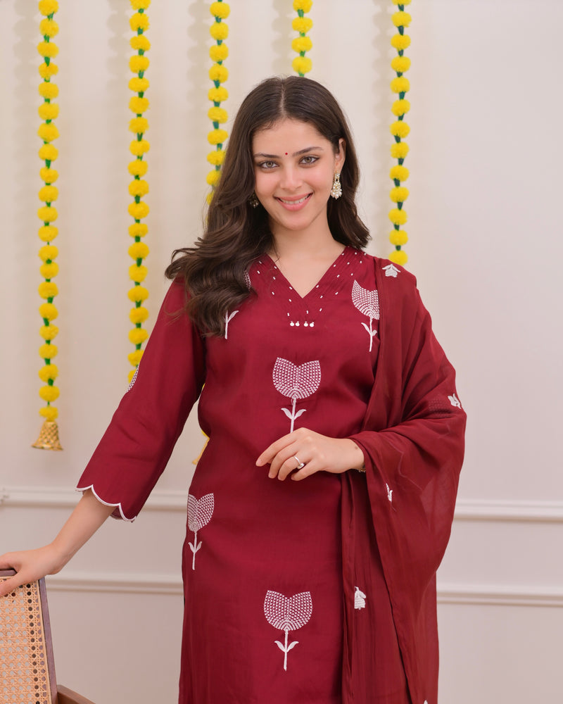 Maroon Bloom Threaded Muslin Suit