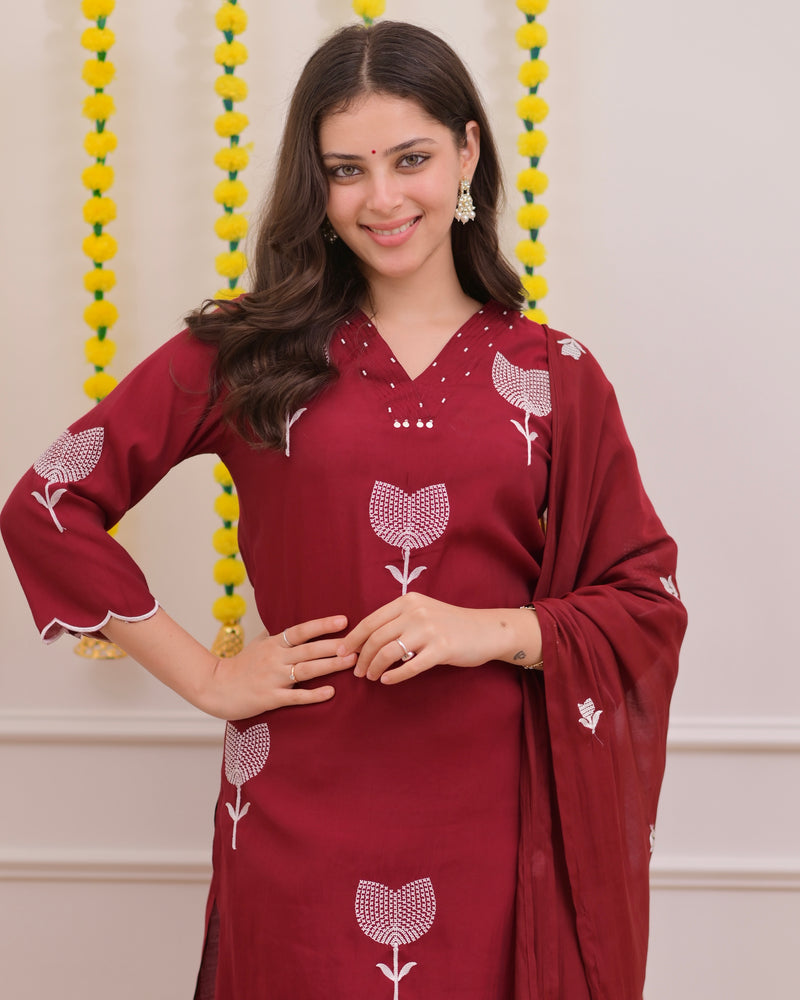 Maroon Bloom Threaded Muslin Suit