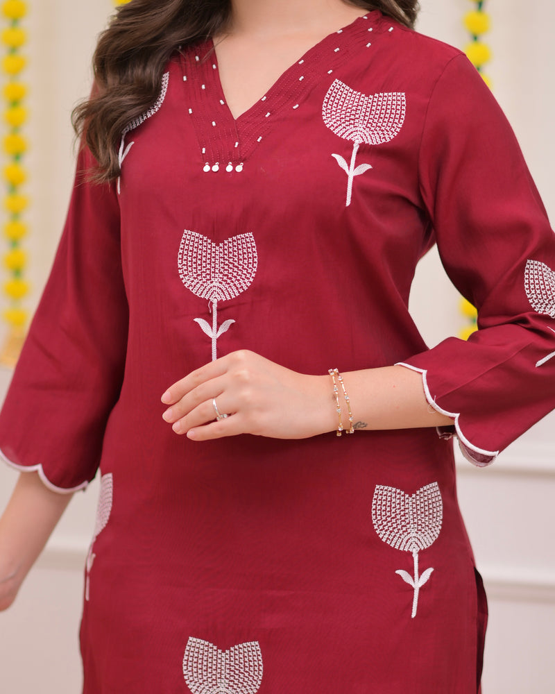 Maroon Bloom Threaded Muslin Suit