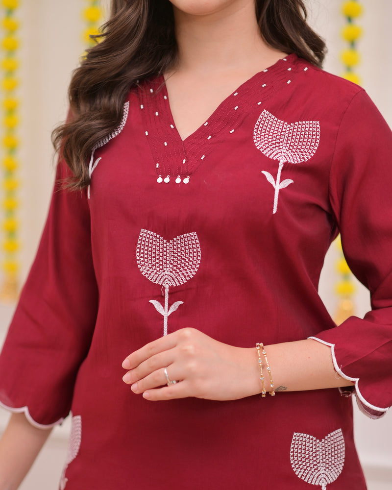 Maroon Bloom Threaded Muslin Suit