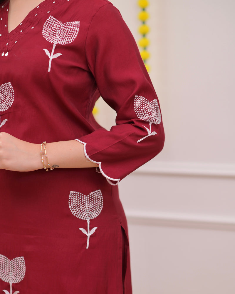Maroon Bloom Threaded Muslin Suit