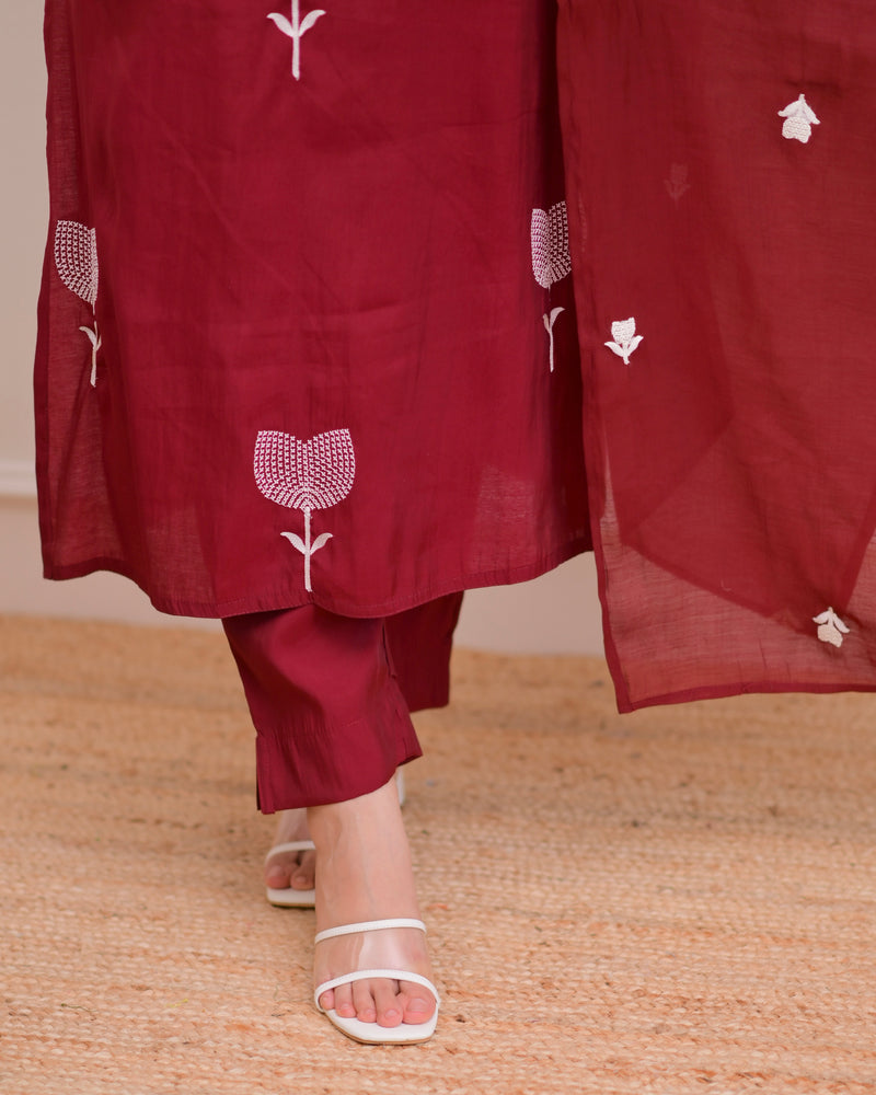 Maroon Bloom Threaded Muslin Suit