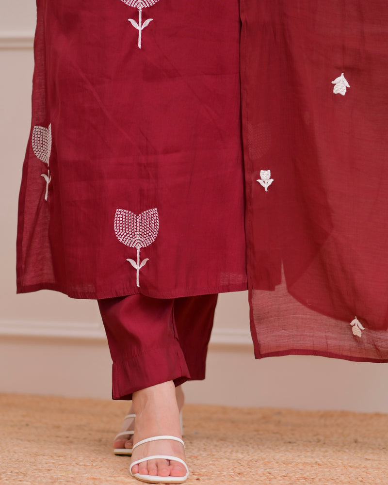 Maroon Bloom Threaded Muslin Suit