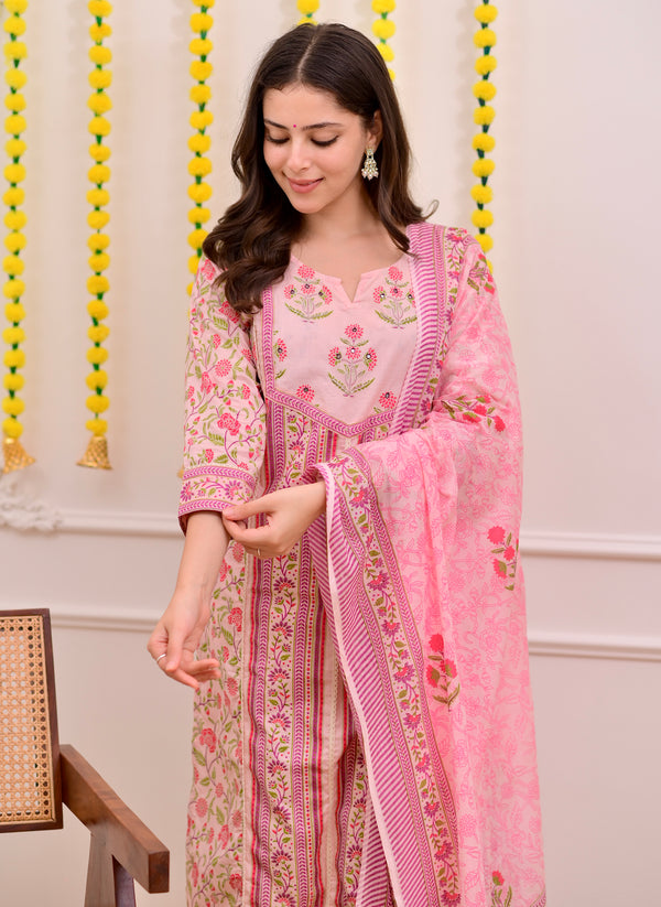 Pink Rose Garden Handwork Cotton Suit