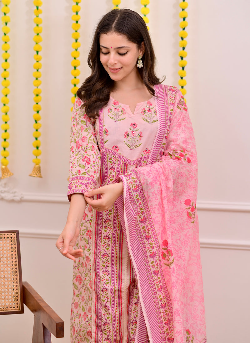 Pink Rose Garden Handwork Cotton Suit