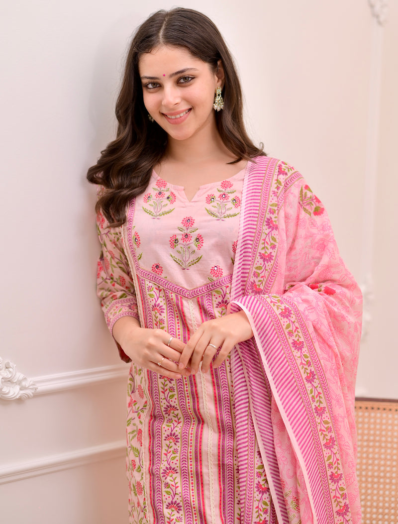 Pink Rose Garden Handwork Cotton Suit