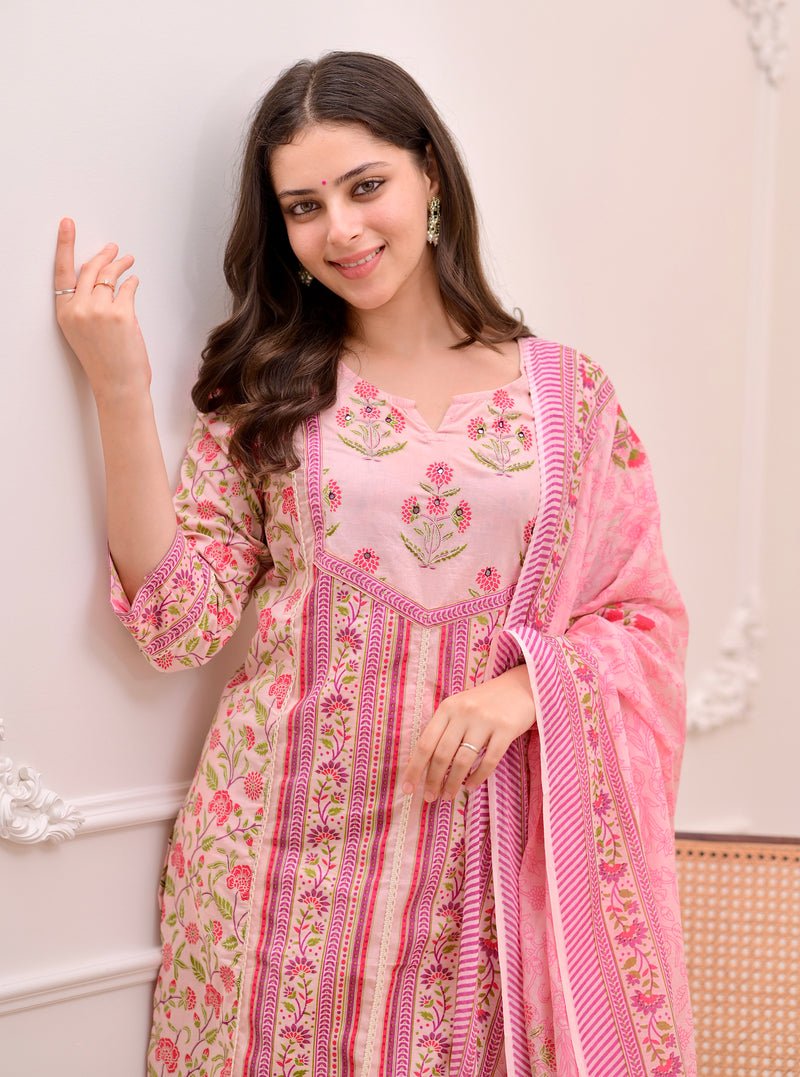 Pink Rose Garden Handwork Cotton Suit