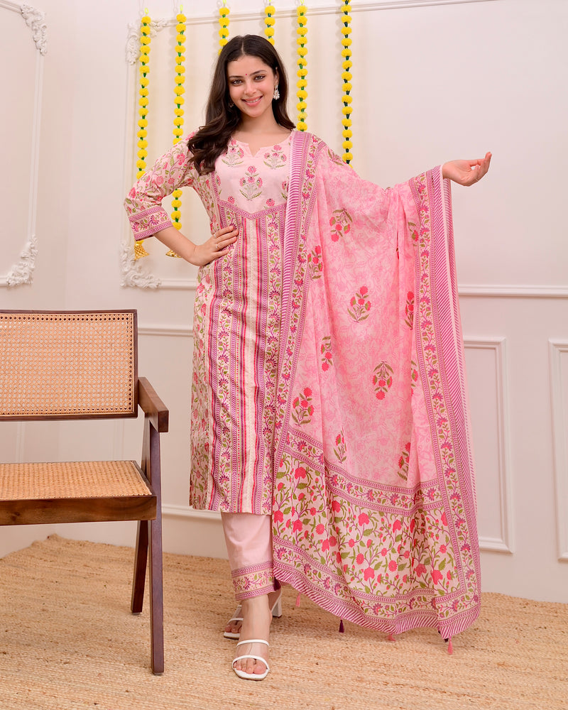 Pink Rose Garden Handwork Cotton Suit