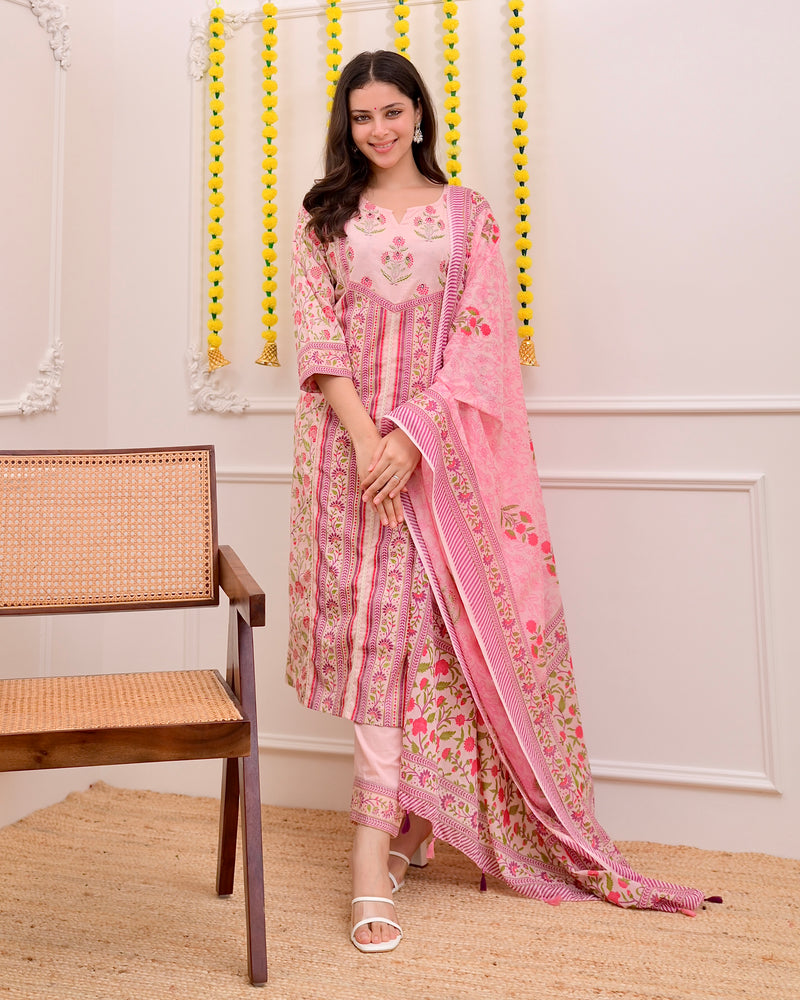 Pink Rose Garden Handwork Cotton Suit