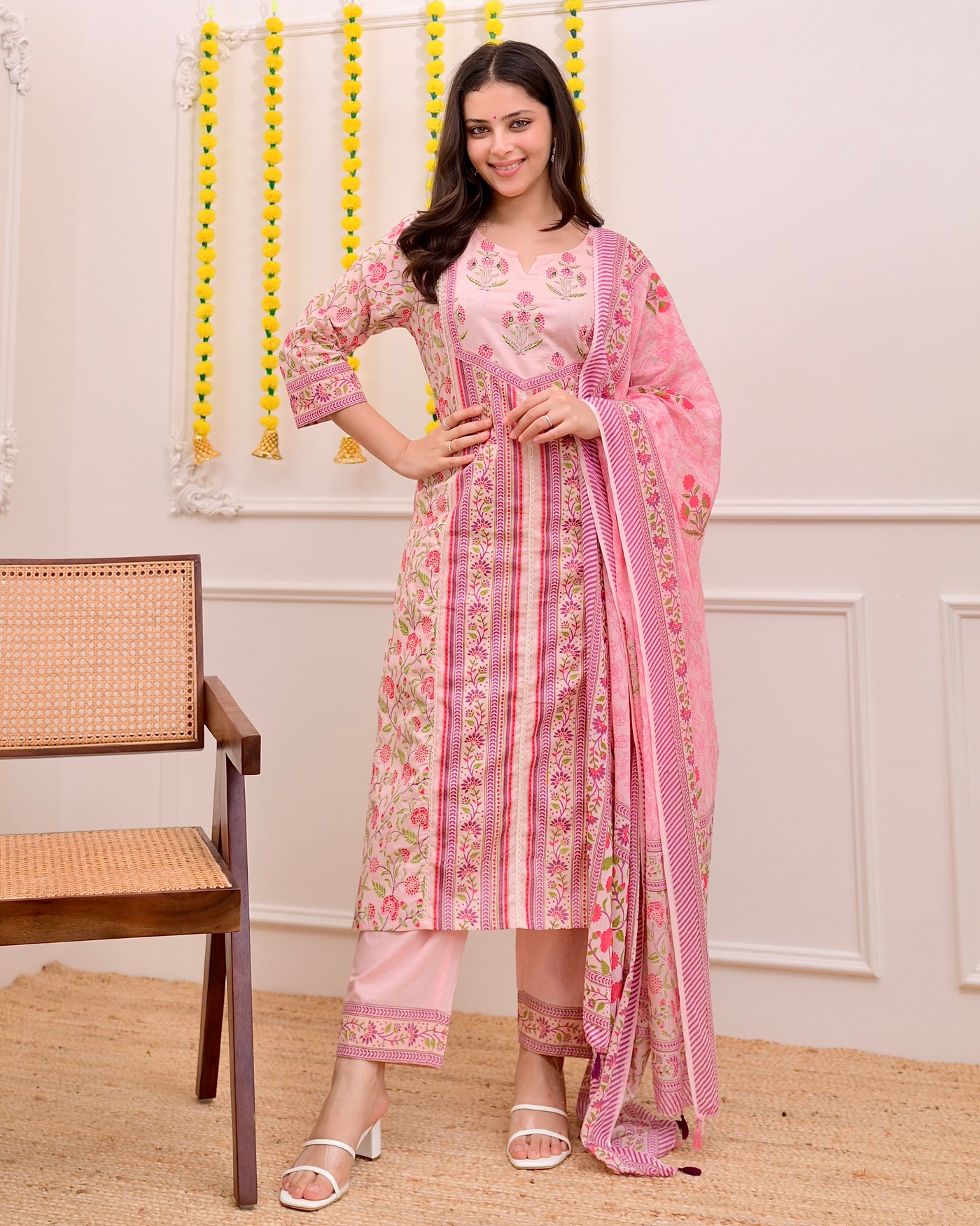 Pink Rose Garden Handwork Cotton Suit