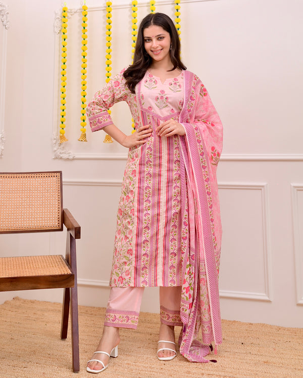 Pink Rose Garden Handwork Cotton Suit