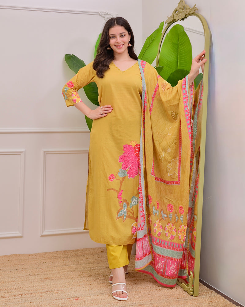 Yellow Floral Charm Mul Cotton Handwork Suit