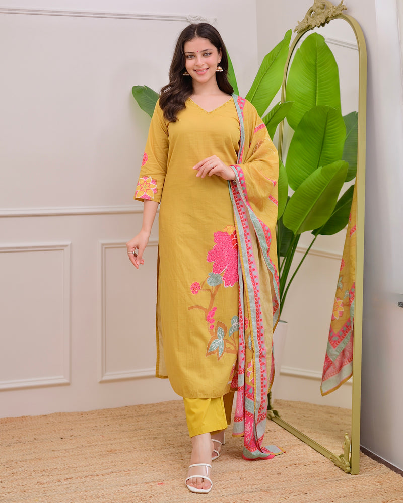 Yellow Floral Charm Mul Cotton Handwork Suit