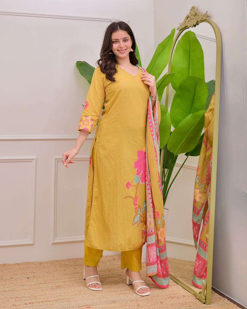 Yellow Floral Charm Mul Cotton Handwork Suit