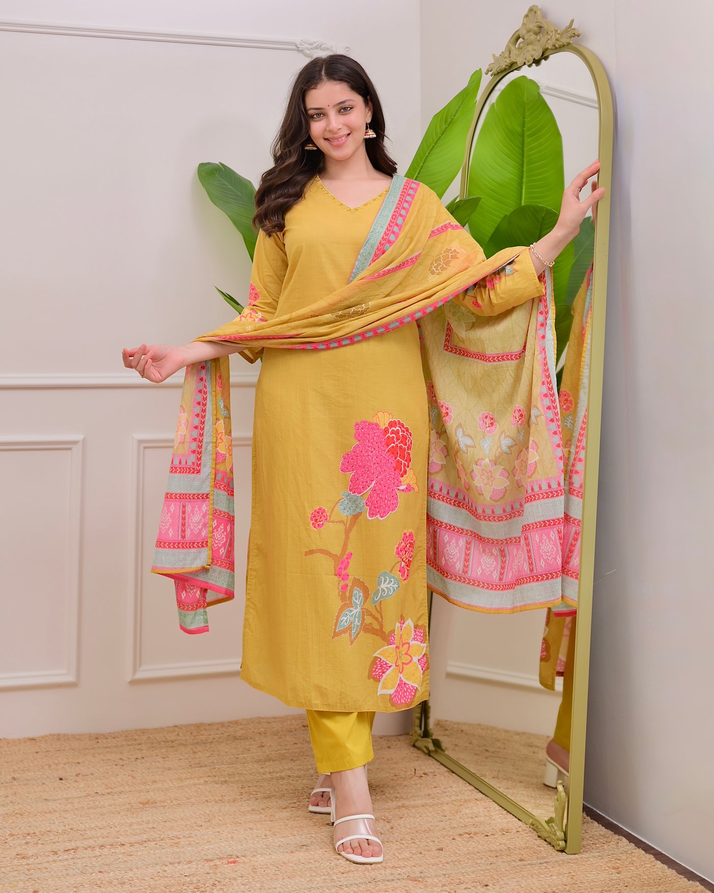 Yellow Floral Charm Mul Cotton Handwork Suit