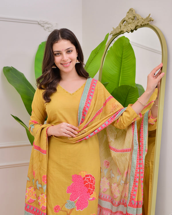 Yellow Floral Charm Mul Cotton Handwork Suit