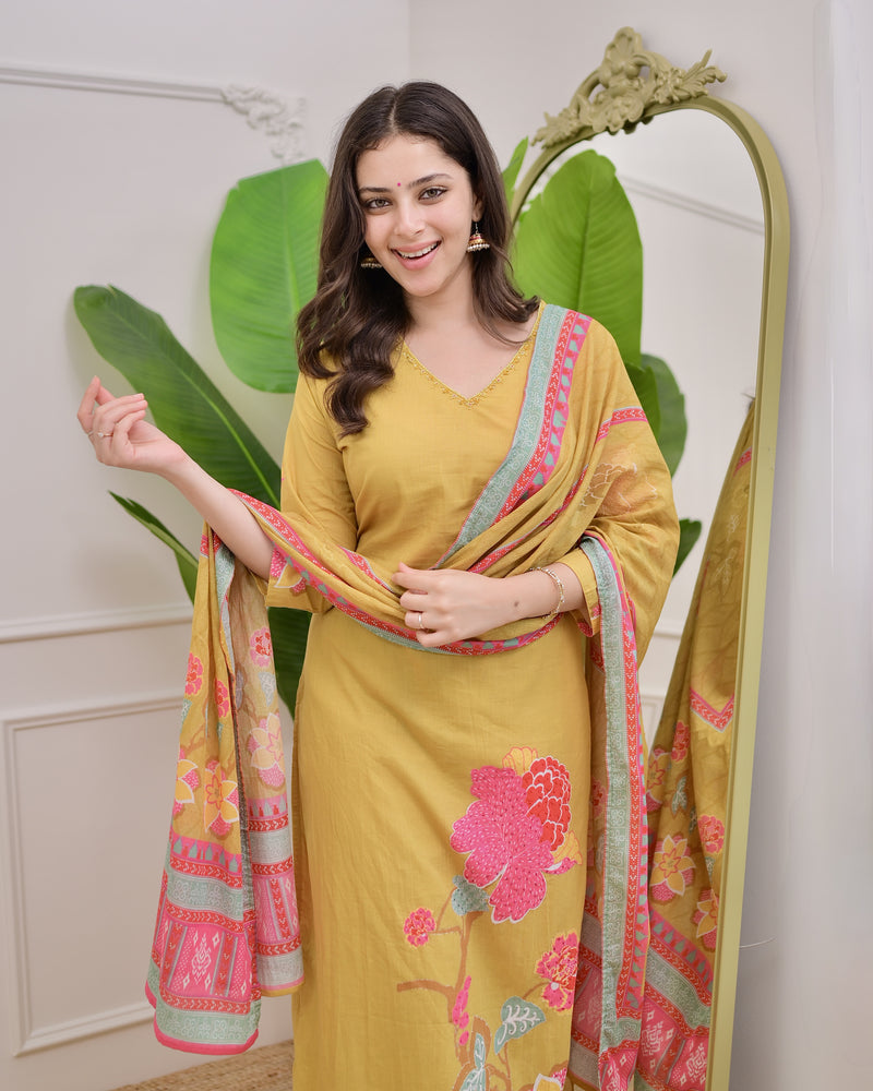 Yellow Floral Charm Mul Cotton Handwork Suit