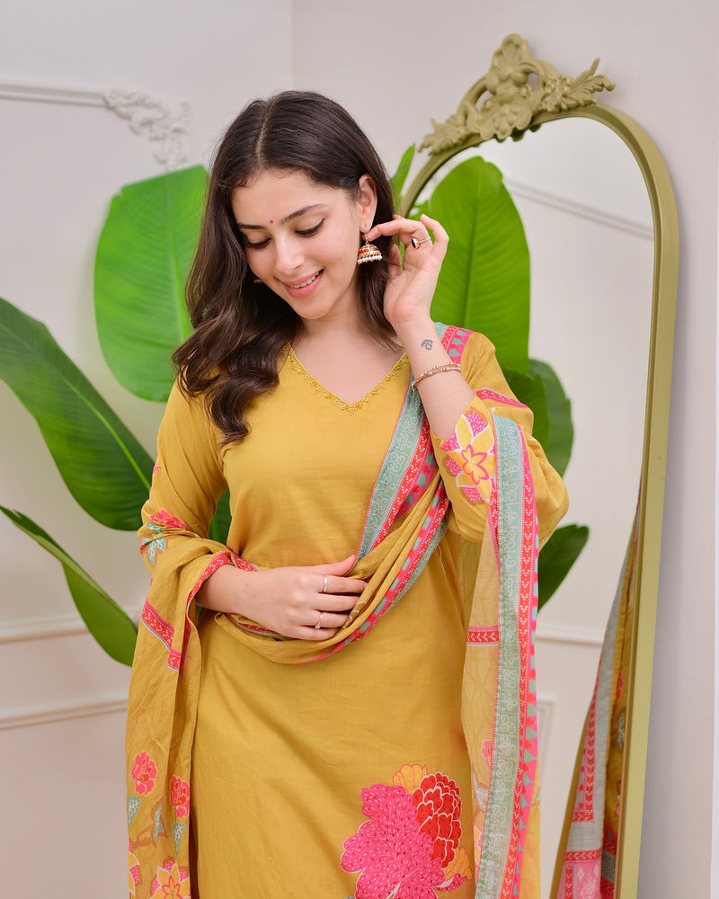 Yellow Floral Charm Mul Cotton Handwork Suit