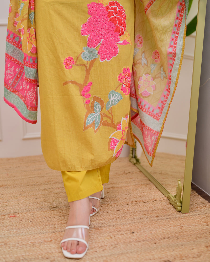 Yellow Floral Charm Mul Cotton Handwork Suit