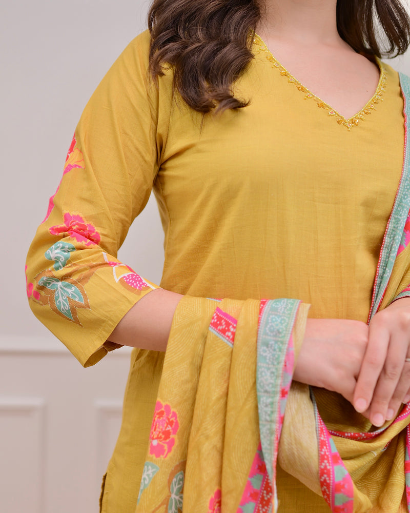 Yellow Floral Charm Mul Cotton Handwork Suit