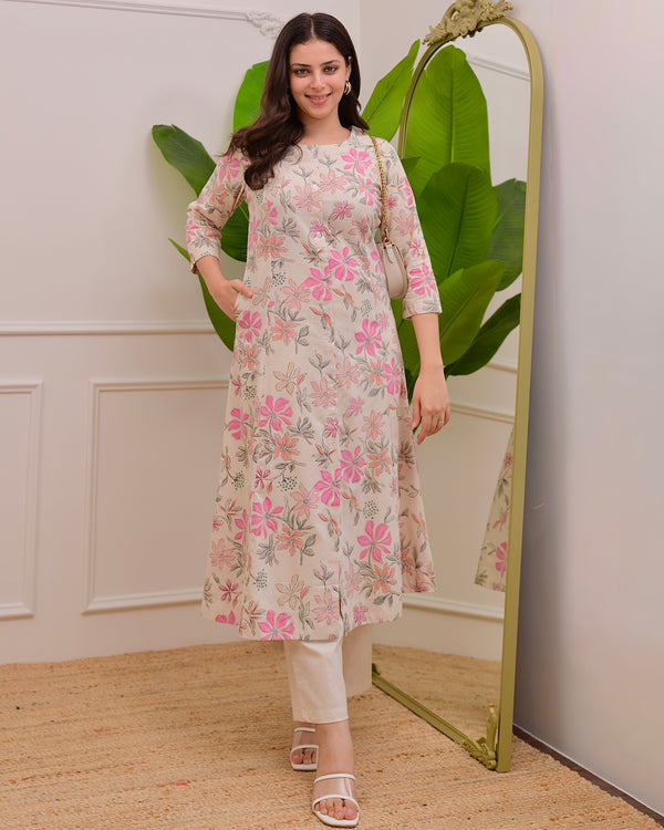 Ivory Floral Bloom A Line Cotton Kurta Set