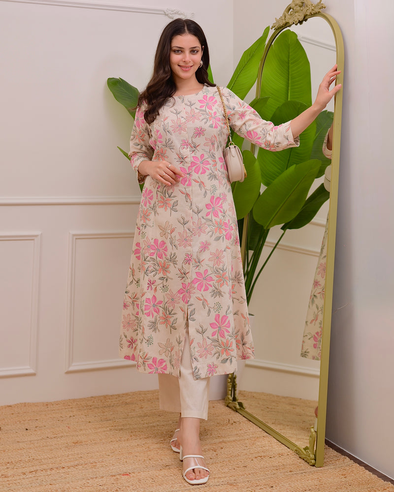 Ivory Floral Bloom A Line Cotton Kurta Set