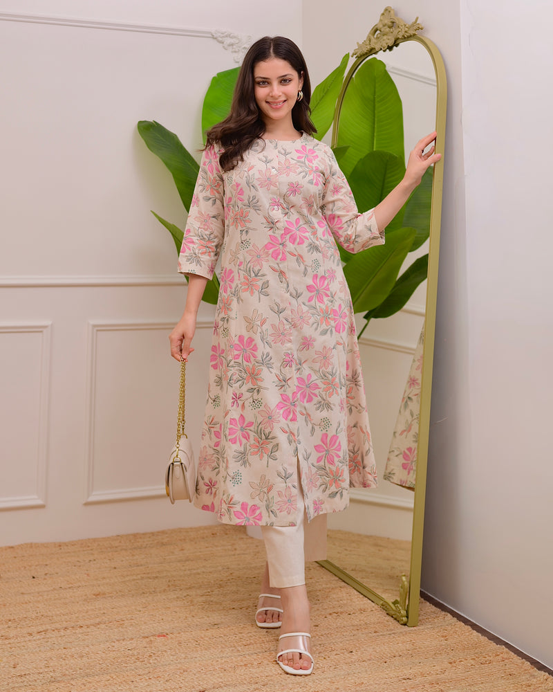 Ivory Floral Bloom A Line Cotton Kurta Set