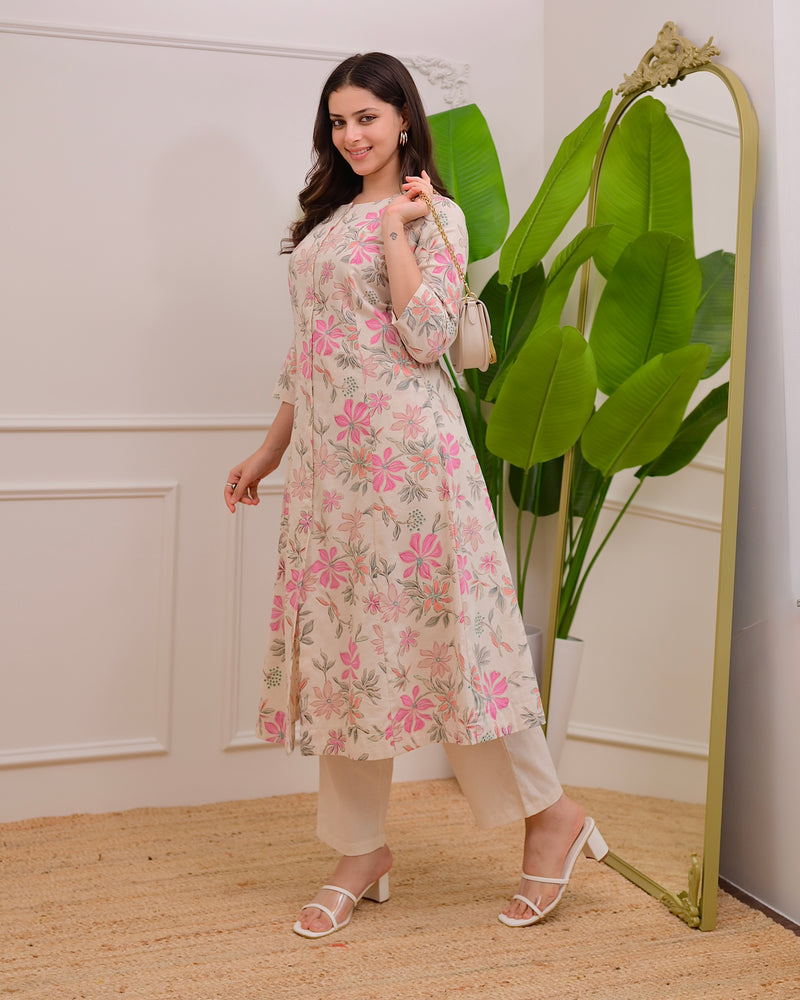 Ivory Floral Bloom A Line Cotton Kurta Set