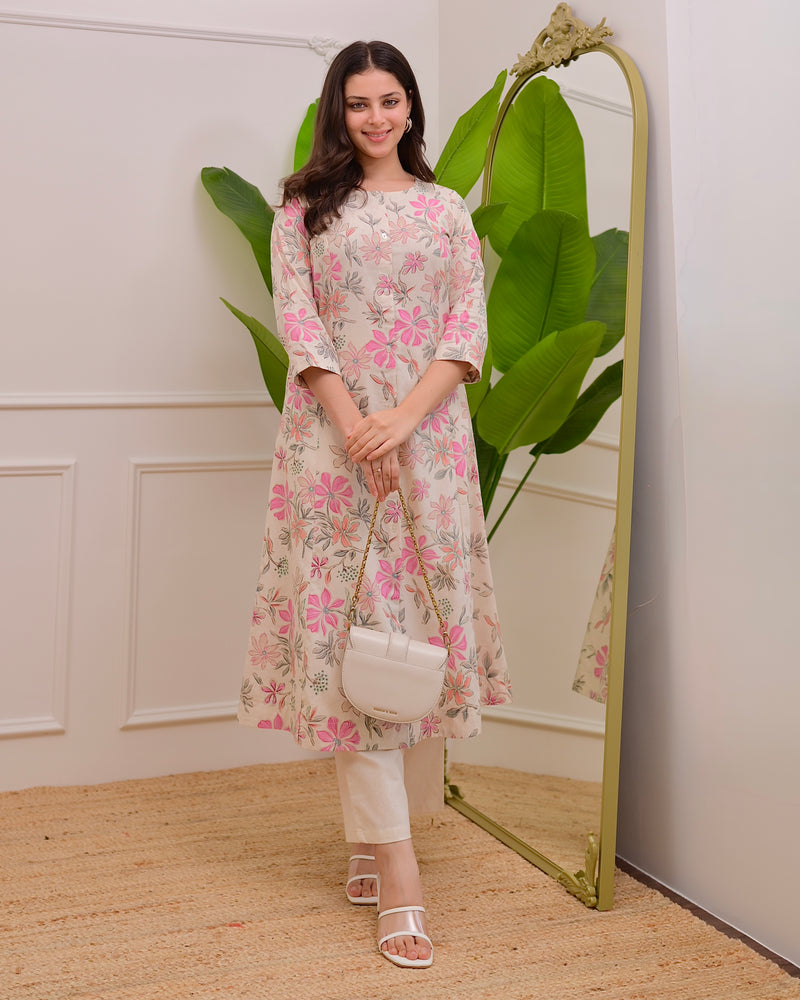 Ivory Floral Bloom A Line Cotton Kurta Set