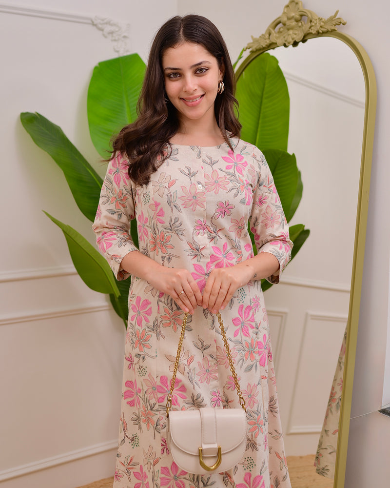 Ivory Floral Bloom A Line Cotton Kurta Set