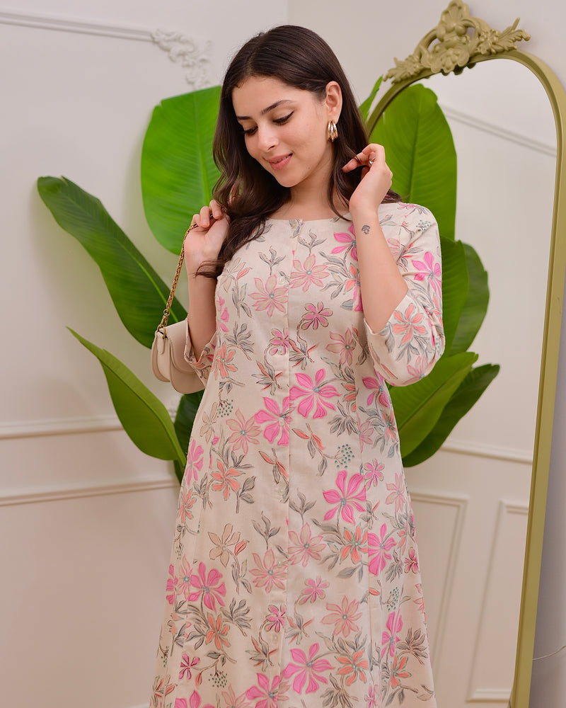 Ivory Floral Bloom A Line Cotton Kurta Set