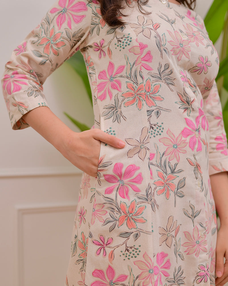 Ivory Floral Bloom A Line Cotton Kurta Set